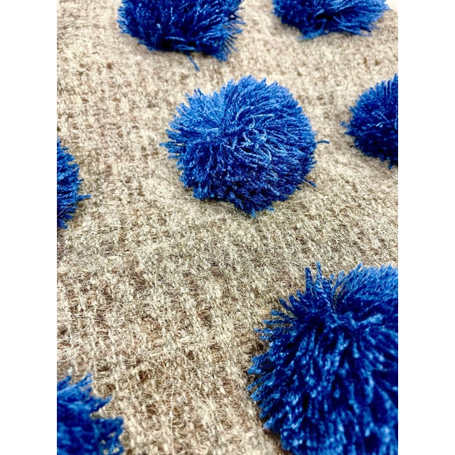 Blue Mexican Blue and Gray Wool Pompom Chamula Shawl Blanket For Sale - Image 8 of 10