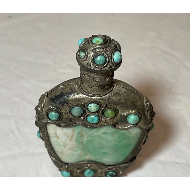 Gemstone Antique Bronze Turquoise Green Jade Stone Hand Carved Chinese Snuff Bottle Jar For Sale - Image 7 of 10