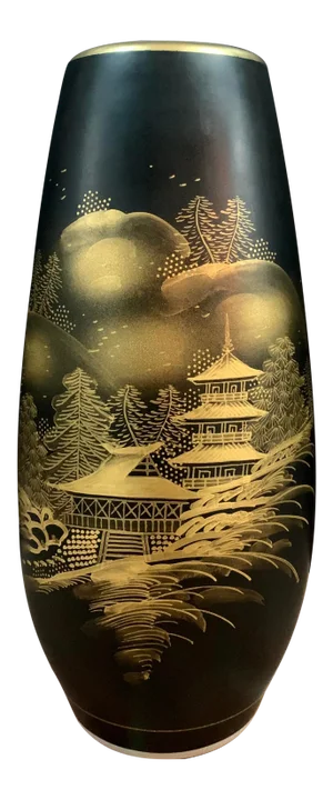 Vintage Japanese Matte Black and Gold Porcelain Vase