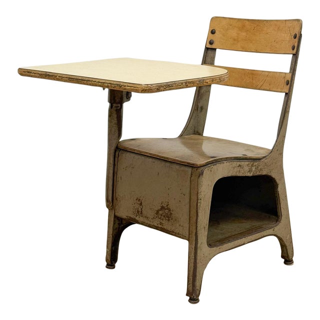 Antique Industrial Kids School Desk Adjustable Vintage Cast Iron Wood For Sale