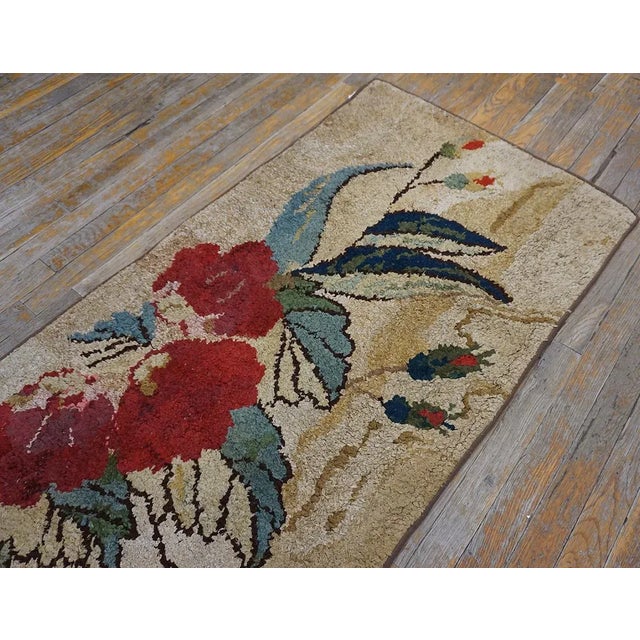 19th Century 1880s Beige Roses Folk Art Antique American Hooked Rug 2'6" X6'2" Knotted Pile Wool Carpet For Sale - Image 5 of 11
