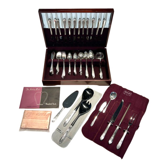Mid 20th Century 114 Piece Nobility Plate Royal Rose Silverplate Flatware With Storage Chest For Sale