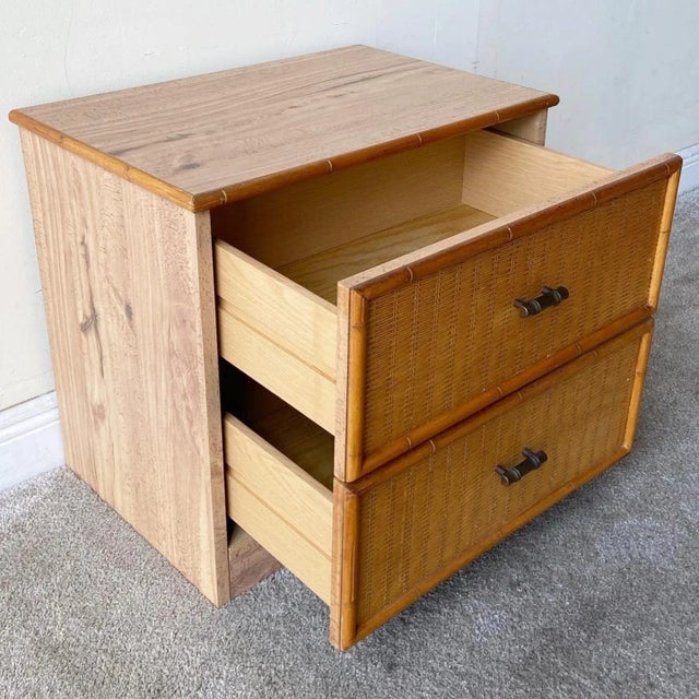 Boho Chic Boho Chic Wood Grain Laminate Faux Bamboo & Wicker Nightstand For Sale - Image 3 of 7