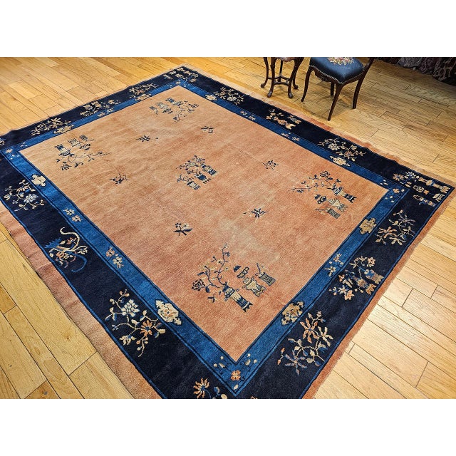 Antique Chinese Peking Rug, Hand-Knotted Wool, Pale Peach, Navy, 9' x 12' For Sale - Image 11 of 18