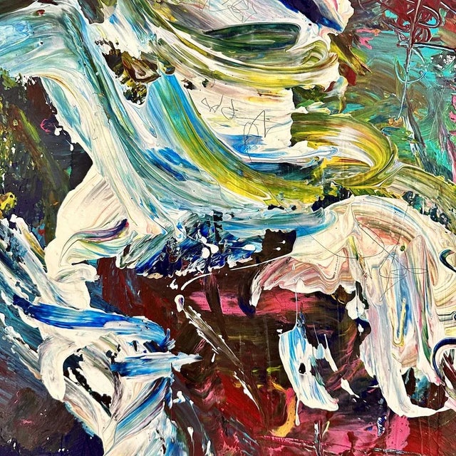 This large painting has heavily textured acrylics in multiple colors on canvas. The artist created the piece using...