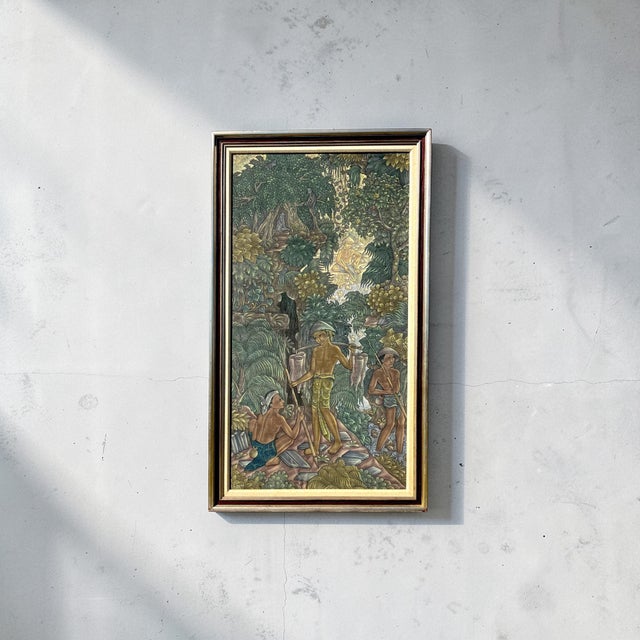 1950s Large Traditional Balinese Framed Silk Signed Ubud Painting For Sale In West Palm - Image 6 of 11