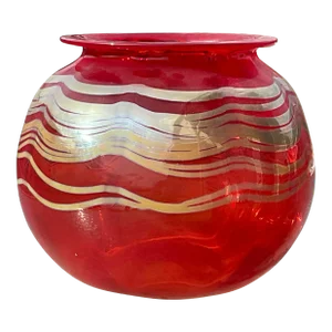 1980s Signed Large Orange Red Art Glass Vase With Silver Ribbon Trim