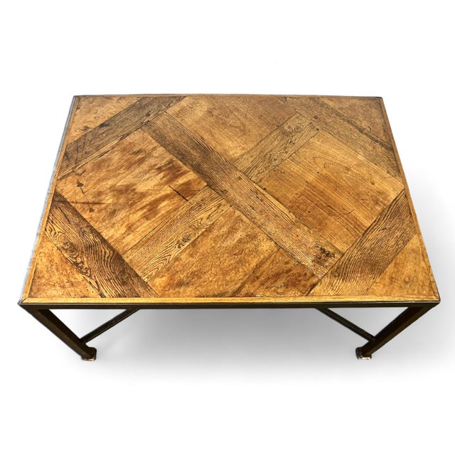 Very beautiful and decorative wrought iron coffee table with a magnificent top in old Versailles parquet from the late...