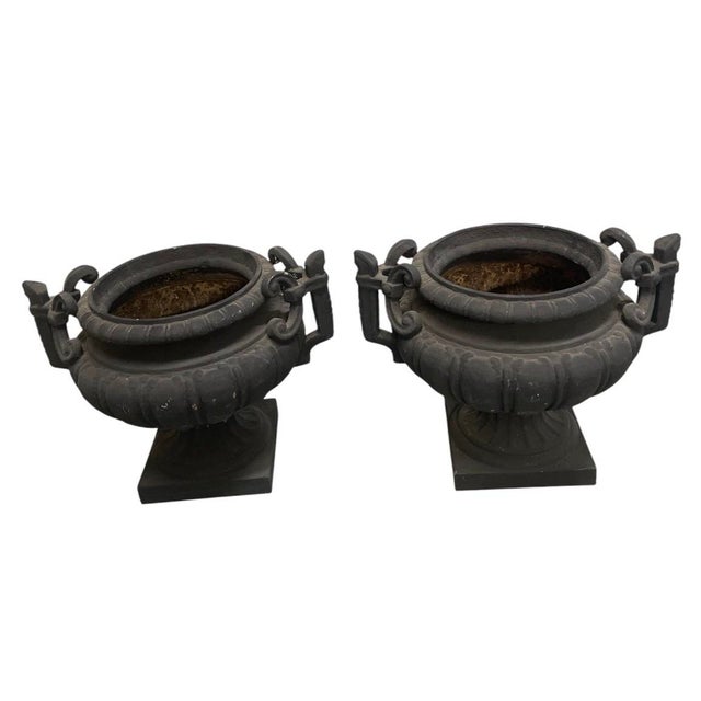 2000 - 2009 Pair of Vintage Neo-Classical Cast Iron Style Garden Urns – Matte Black For Sale - Image 5 of 12