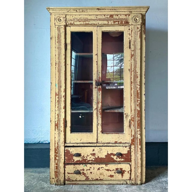 Yellow Vintage Distressed Wood and Glass Cabinet For Sale - Image 8 of 12