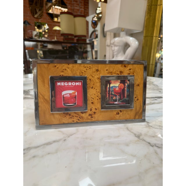 1970s Vintage Burl Wood & Chrome Double Photo Frame For Sale - Image 5 of 6