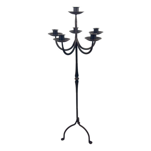 Hand Forged Iron Floor Candelabra 44.5″ (113cm) Antique Copper Patina 6-Arm Grand Cluster Candle Holder Decor For Sale
