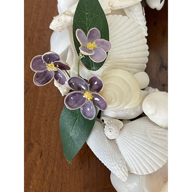Shabby Chic Lovely Purple Violet Flowers Sea Shell Frame Wreath For Sale - Image 3 of 6
