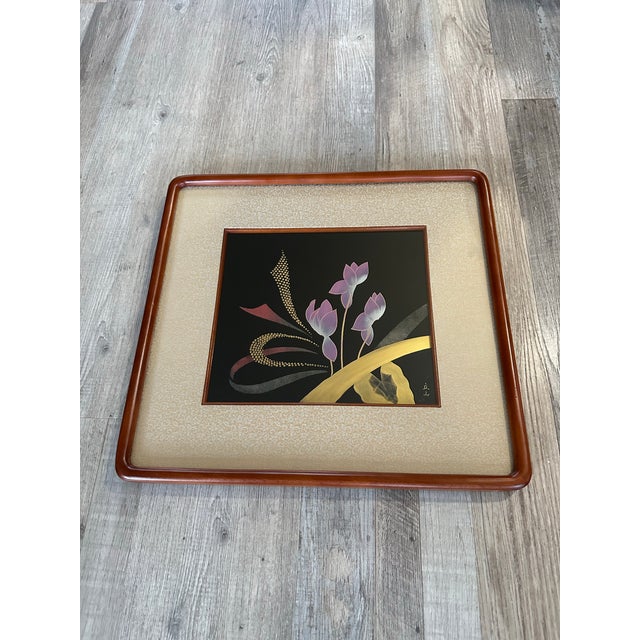 Japanese 1990s Signed Tomita Tateyama Japanese Chinkin Lacquer Floral Panel For Sale - Image 3 of 10