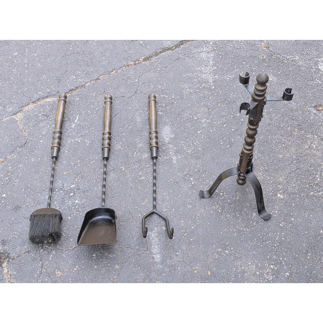1950's Vintage Cast Iron Fireplace Tools Stand Set 4 Piece Seymour Style For Sale - Image 4 of 6