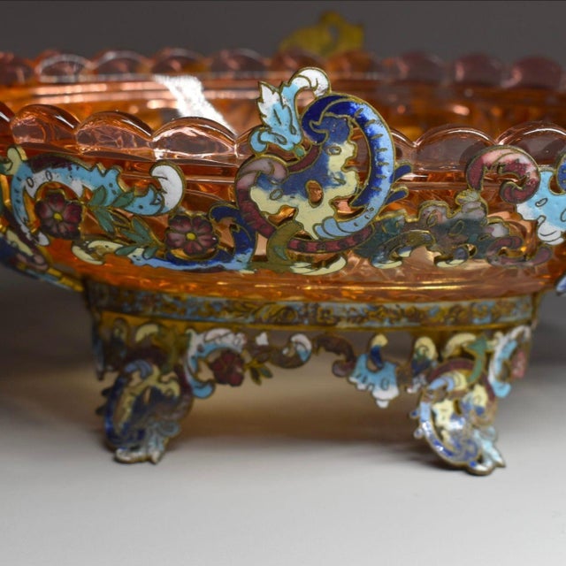 Mid 19th Century Antique 19th Century French Champlevé Enamel & Gilt Bronze Centerpiece Bowl — Cranberry Glass Insert — Rococo Scrollwork For Sale - Image 5 of 5
