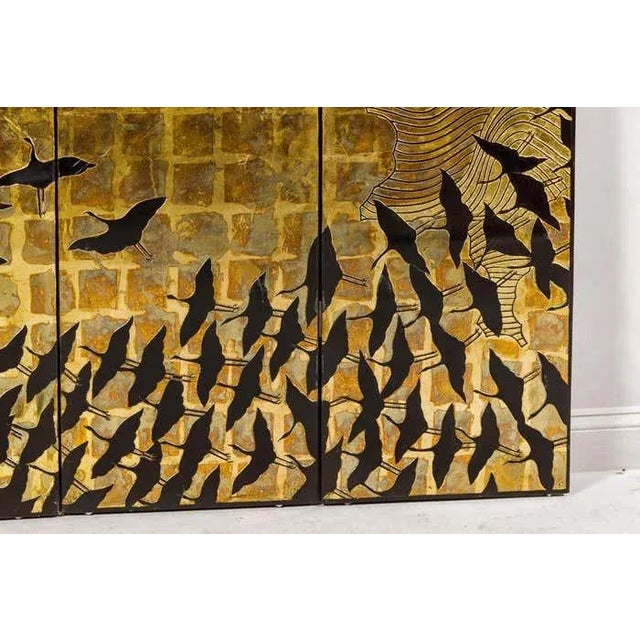 Hollywood Regency Black and Gold Four-Panel Screen with Hand-Painted Cranes For Sale - Image 11 of 12