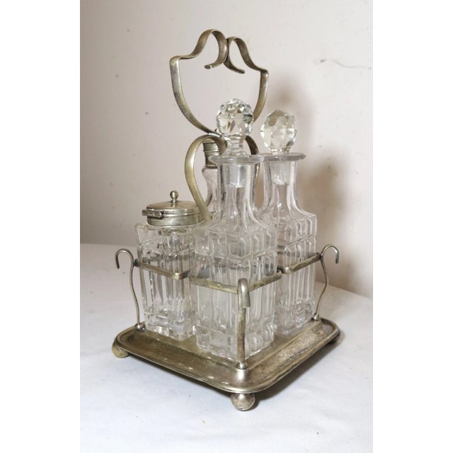Antique 1800's Ornate Cut Crystal Nickel Plate Epns Cruet Condiment Set Caddy For Sale - Image 4 of 12