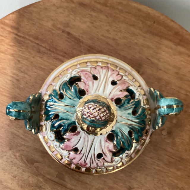 Vintage Majolica Capodimonte Italy Dish & Cover. Adorable color palette with golden rim and details. Vintage Italian...