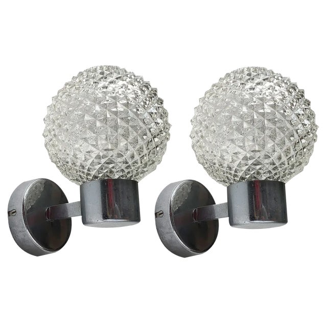 Vintage Space Age Glass and Metal Wall Lamp Sconce, 1970s, Set of 2 For Sale