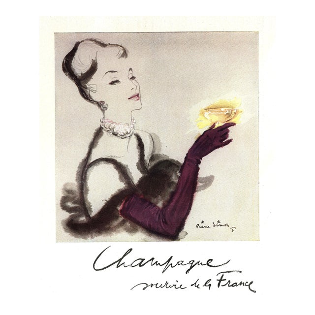1948 French Mid-Century Champagne Alcohol Advertisement Print, Matted For Sale