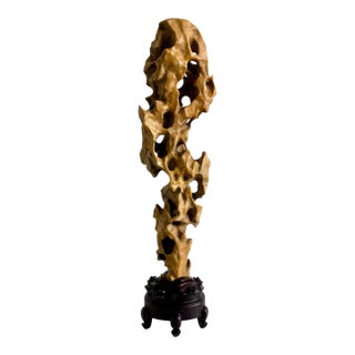 Tall Elegant Chinese Scholar Rock Yellow Taihu Stone on Wood Stand For Sale