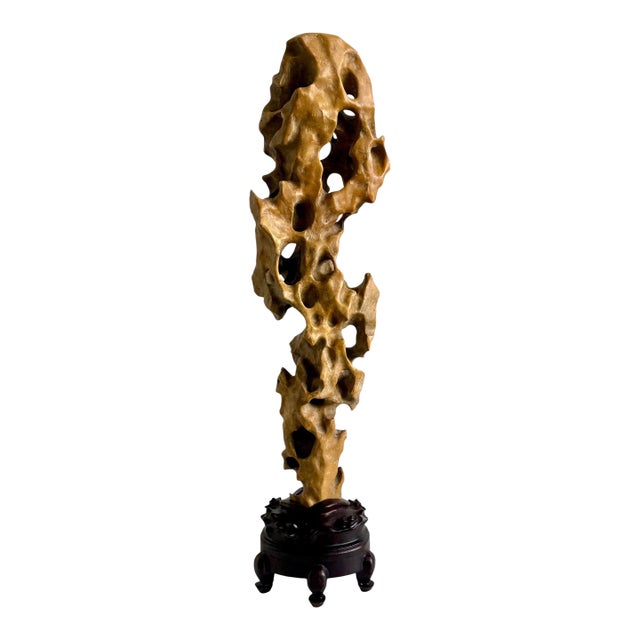 Tall Elegant Chinese Scholar Rock Yellow Taihu Stone on Wood Stand For Sale