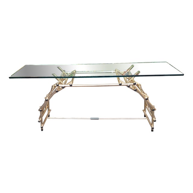 Console Table in Brass-Plated Aluminum andd Glass Top by Fedele Papagni for Leonardo Da Vinci, 1990s For Sale