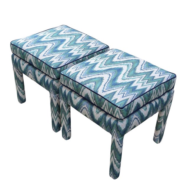 Schumacher Schumacher Valkyrie Flame Stitch Parsons Ottomans in Emerald & Peacock- Pair For Sale - Image 4 of 10