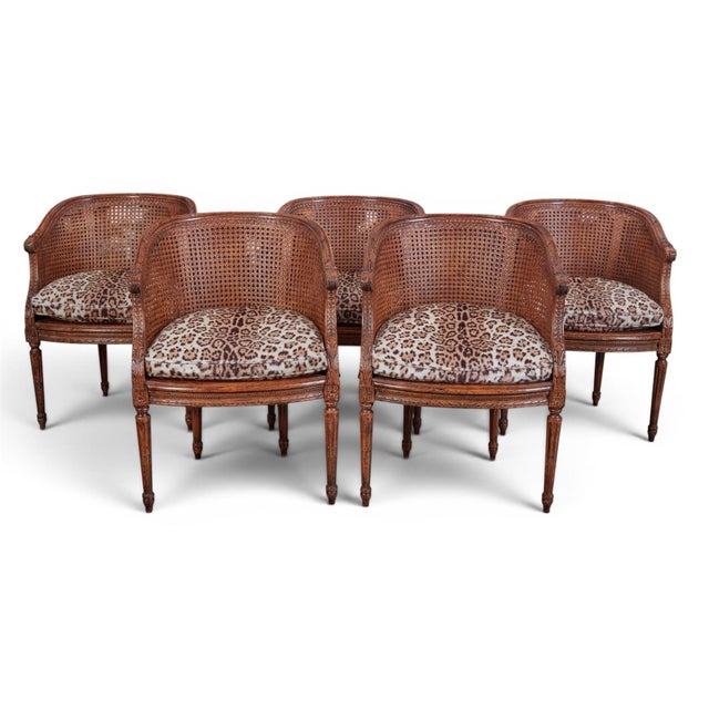 French Louis XVI Carved Oak & Cane Barrel-Back Armchairs With Leopard Upholstery-Set of 6 For Sale - Image 3 of 13