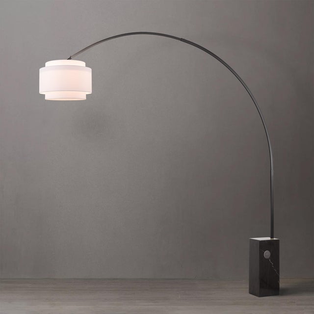 Mid-Century Modern Iconic 92" Coronado Dimmable Arc Floor Lamp by Nova - Mid-Century Modern, Black Nickel Finish, Handcrafted Black Marble Base, White Linen Drum Shade For Sale - Image 3 of 6