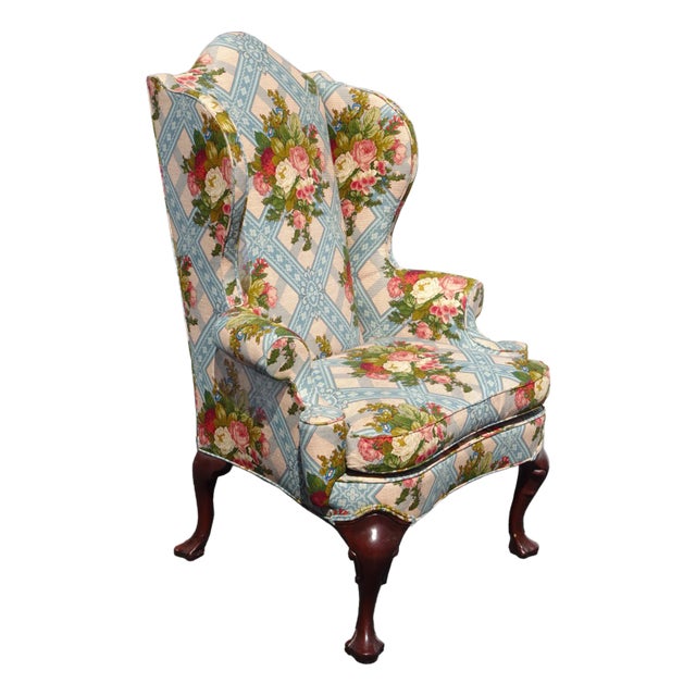 Vintage Hickory French Country Blue Plaid Floral Wingback Chair by Hickory Furn. For Sale