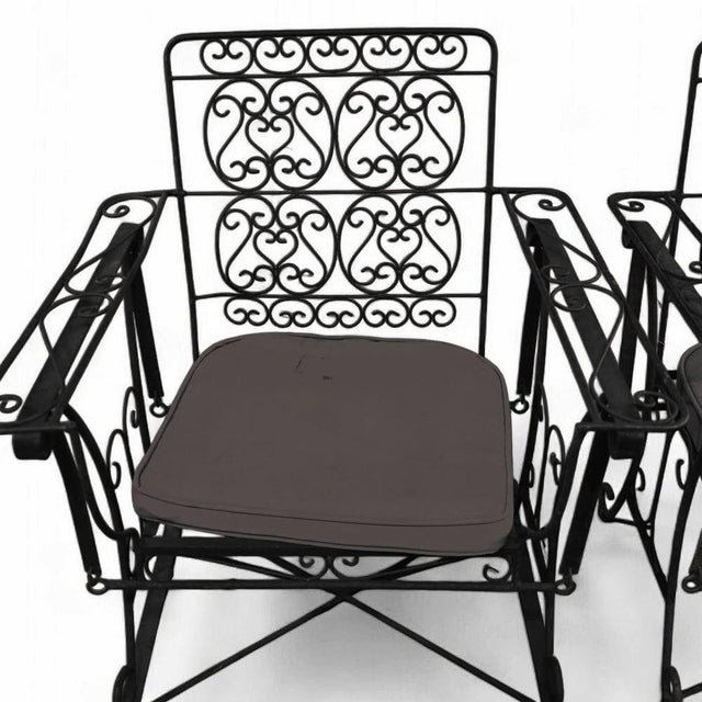 1950s Black Scrolling Wrought Iron Glider Rocking Settee & Chair Patio Outdoor Set For Sale - Image 5 of 5