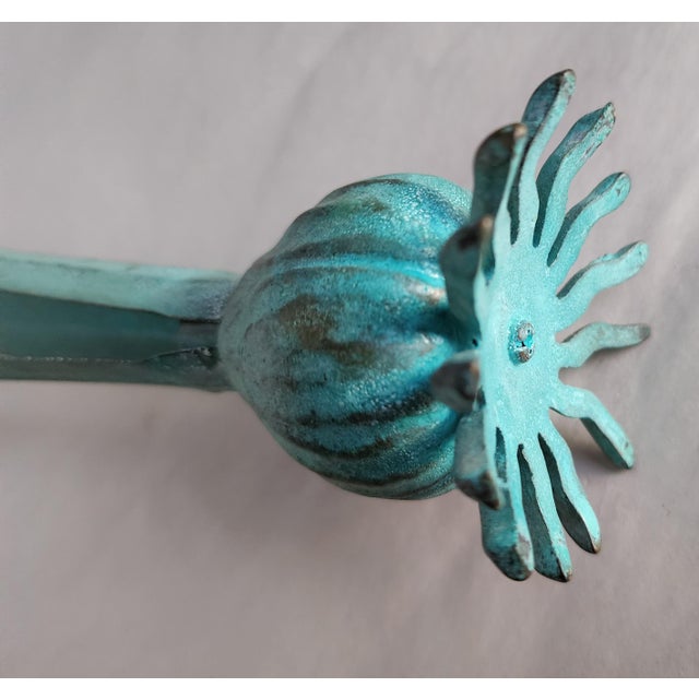 Italian Verdigris Italian Carnevale Brass Bud Vase With Real Feel Tulip For Sale - Image 3 of 5