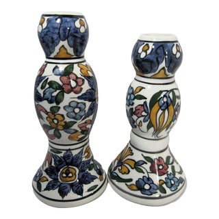 1980 Vintage Pair of Hand Painted Bud Vases Made in Greece For Sale