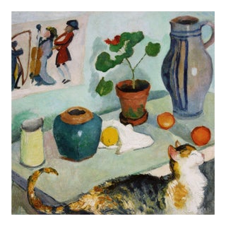 1910 Vintage Cat Still Life Art Print by August Macke, Feline Painting Wall Art - 20" X 20" For Sale