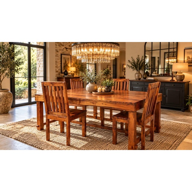 A rectangular table and four matching chairs in solid wood, likely sheesham (indian rosewood) or acacia, with warm...