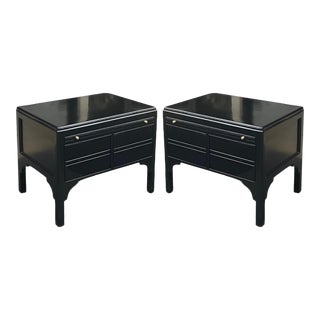 Mid-Century Asian Modern Low Profile Black Lacquer Side Tables / Chests -Pair For Sale
