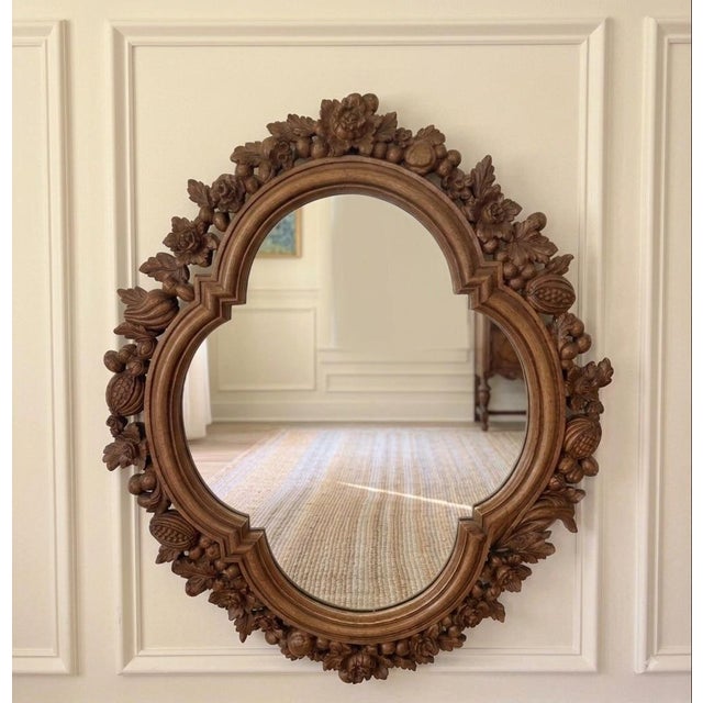 Vintage Walnut Carved Fruit, Nut & Floral Quatrefoil Wall Mirror - 24x30 For Sale - Image 9 of 9