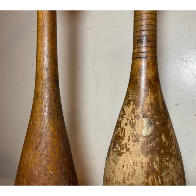 Brown Pair Antique 19th Century Handmade Folk Art Wood Exercise Weight Indian Club Pin For Sale - Image 8 of 8