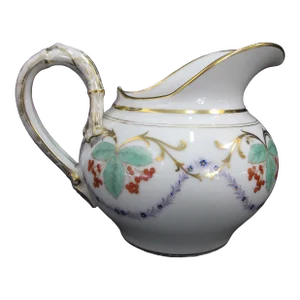 Vintage Porcelain Gold Gilt Leaves & Berries Bamboo Style Handle Pitcher