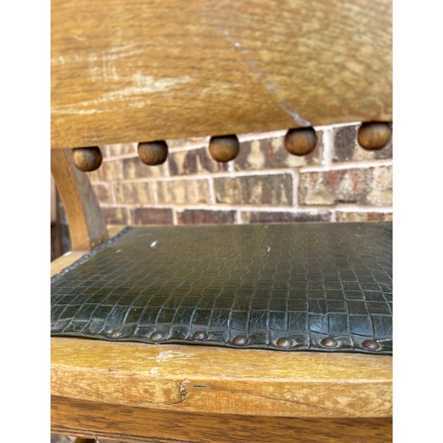 Brown Antique American Oak Armchair With Embossed Leather Seat, Circa 1910s–1920s For Sale - Image 8 of 11