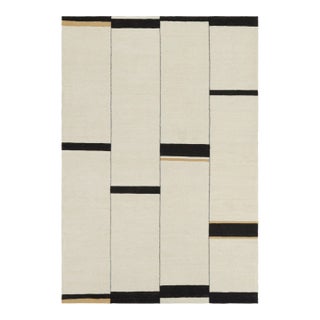 Rug & Kilim’s Contemporary Kilim, Textural White and Black Stripes, Gold Accents For Sale