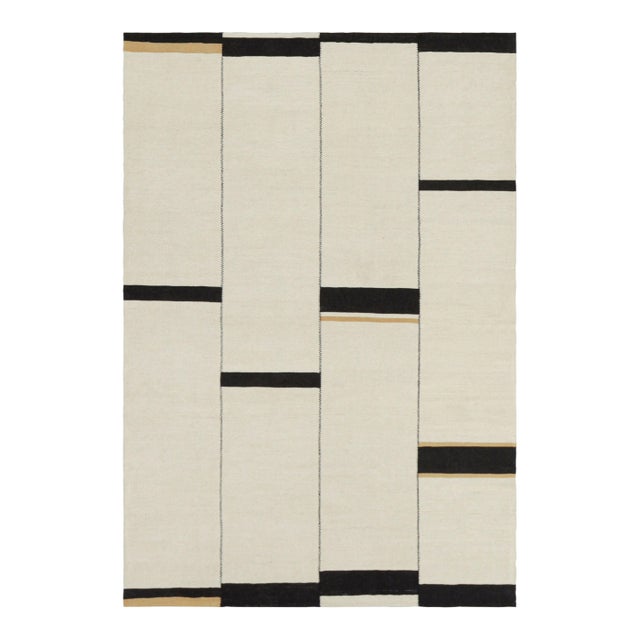 Rug & Kilim’s Contemporary Kilim, Textural White and Black Stripes, Gold Accents For Sale