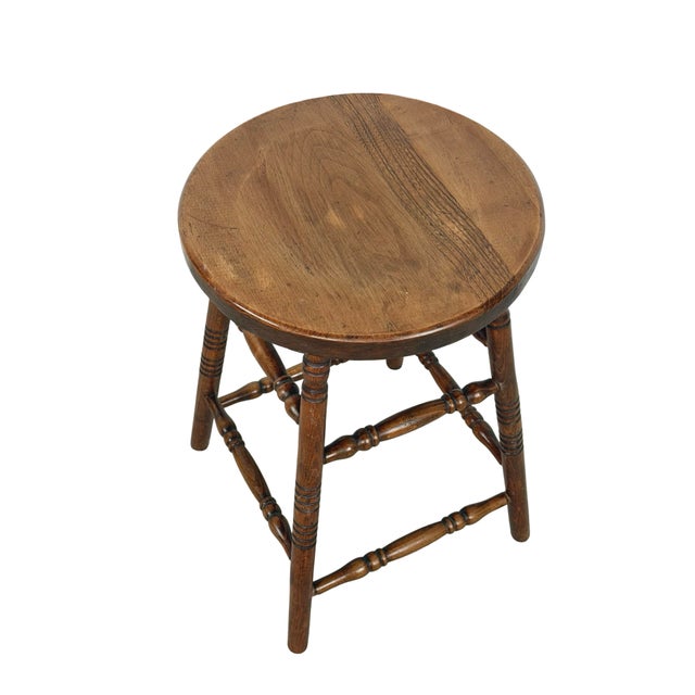 Antique Country Round Wooden Stool With Turned Legs and Stretchers For Sale - Image 4 of 18