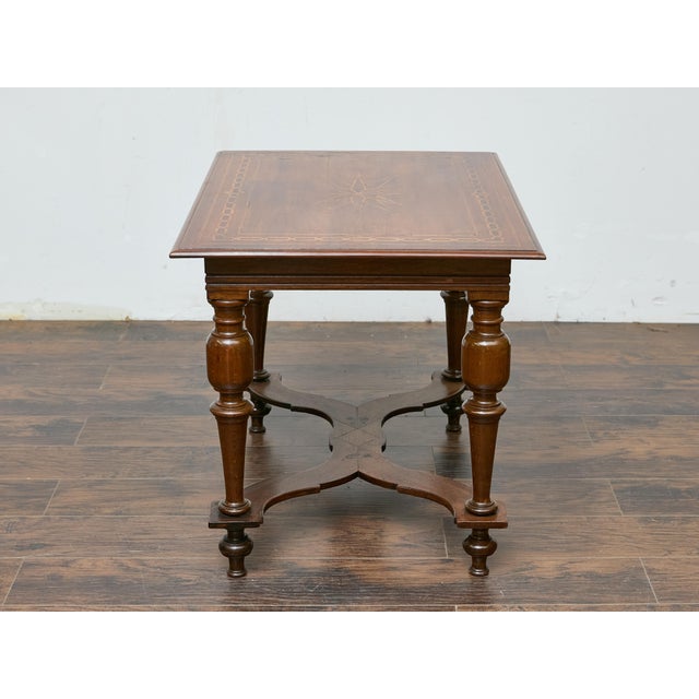 Brown Italian Walnut Table with Star Inlay and Turned Legs, 19th Century For Sale - Image 8 of 12