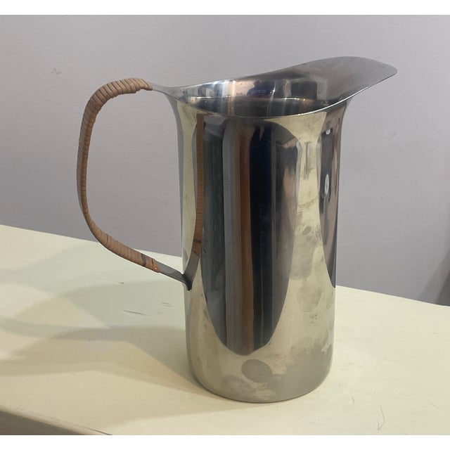 Mid 20th Century Dana / Dfa Stainless Steel Pitcher With Rattan Handle | Met Collection Design | Danish Art Deco Modernism For Sale - Image 9 of 9