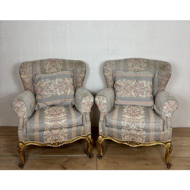 French Louis XV Style Upholstered Armchairs with Giltwood Frames, 1940, Set of 2 For Sale - Image 4 of 12
