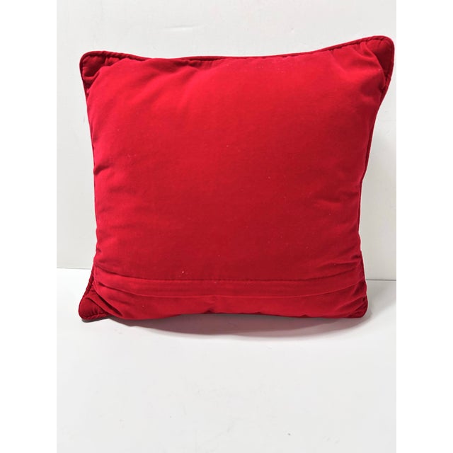 1990s 1990s Needlepoint Christmas Pillow Frosty Snowman & Reindeer Scene - Wool Embroidery, Red Velvet Back For Sale - Image 5 of 8