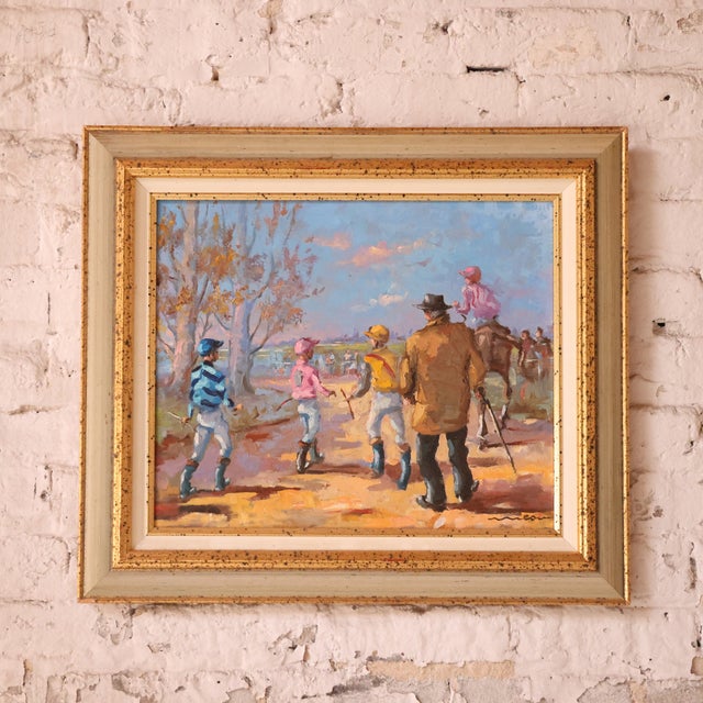 Capture the energy and atmosphere of equestrian life with this mid 20th century French jockey scene painting by Jacques...